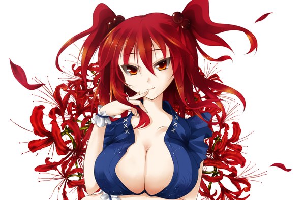 Anime picture 1500x985 with touhou onozuka komachi fuyuno taka (artist) single breasts light erotic simple background red eyes large breasts white background twintails cleavage red hair short twintails girl higanbana
