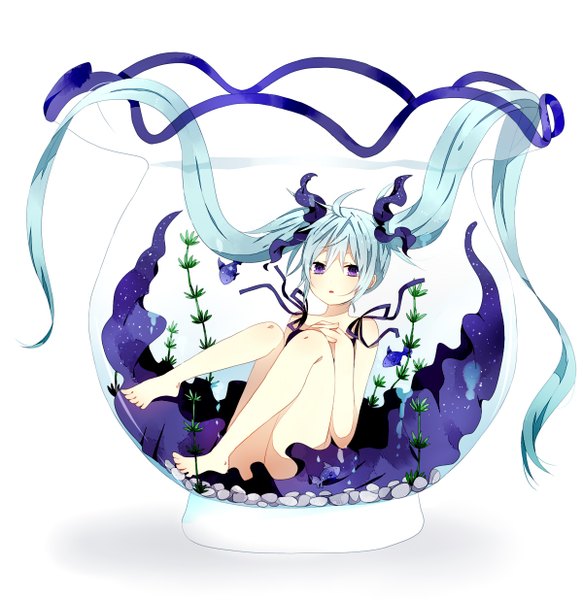 Anime picture 1200x1235 with vocaloid hatsune miku akirannu single tall image looking at viewer white background twintails purple eyes very long hair aqua hair legs girl dress fish (fishes) aquarium