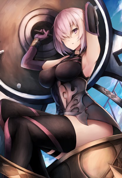 Anime picture 700x1016 with fate (series) fate/grand order mash kyrielight snm (sunimi) single tall image looking at viewer blush short hair breasts light erotic large breasts sitting holding payot pink hair sky cloud (clouds) parted lips pink eyes