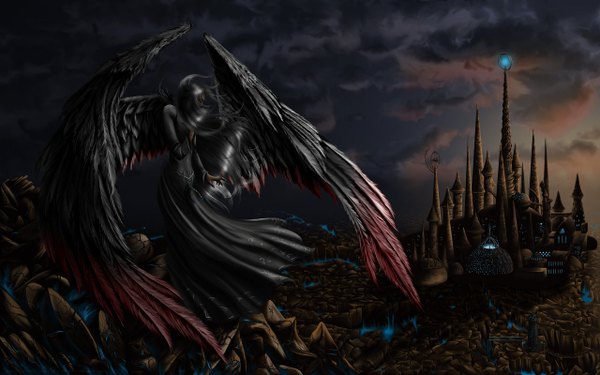 Anime picture 1280x800 with original gizmodian (artist) black hair wide image wind night wings castle