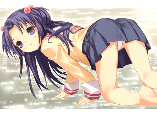 Anime picture 1024x768 with clannad key (studio) ichinose kotomi uni (plastic girl) single long hair looking at viewer light erotic purple eyes purple hair long sleeves barefoot bare legs two side up pantyshot on all fours girl uniform hair ornament underwear