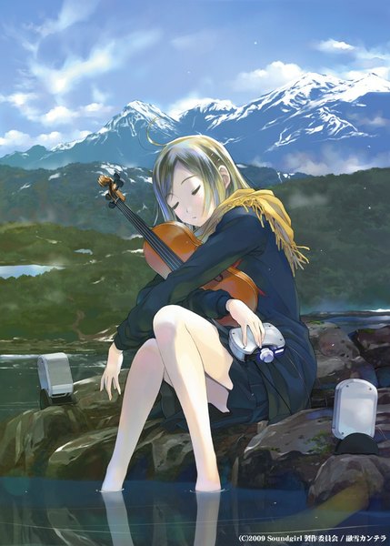 Anime picture 715x1000 with soundgirl yoshizuki kumichi single long hair tall image blush blonde hair brown hair sitting holding sky cloud (clouds) ahoge bent knee (knees) eyes closed pleated skirt bare legs reflection mountain girl