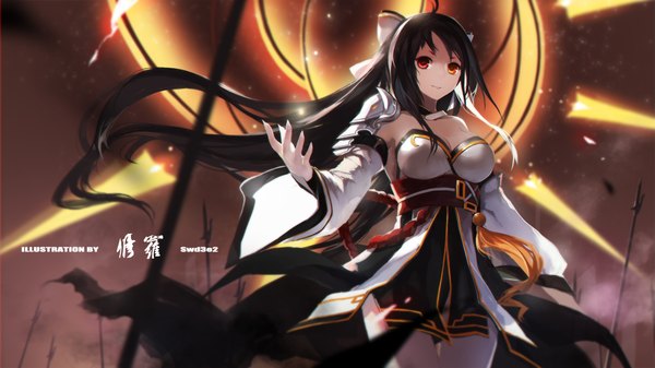 Anime picture 1889x1062 with elsword ara haan asura (elsword) swd3e2 single long hair looking at viewer highres breasts black hair red eyes wide image inscription girl dress bow weapon hair bow detached sleeves spear