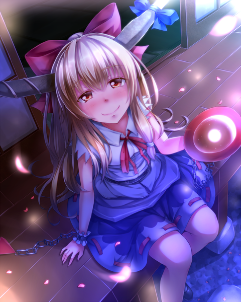 Anime picture 1120x1400 with touhou ibuki suika dabadhi single long hair tall image looking at viewer blush blonde hair smile red eyes sitting girl skirt bow ribbon (ribbons) hair bow miniskirt petals belt