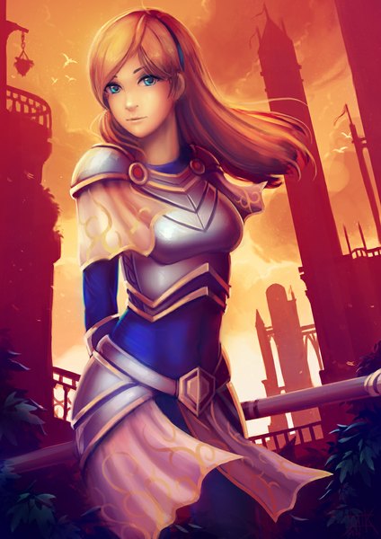 Anime picture 818x1157 with league of legends lux (league of legends) cubehero single long hair tall image looking at viewer breasts blue eyes blonde hair smile sky light smile wind girl armor staff