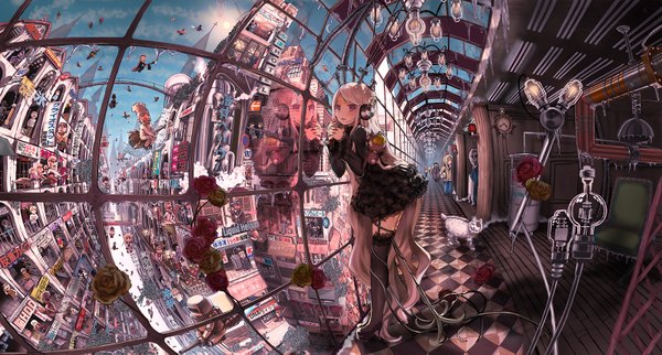 Anime picture 1600x859 with original electric lola john hathway wide image sky white hair very long hair city reflection flying checkered detailed girl thighhighs dress flower (flowers) ribbon (ribbons) black thighhighs black dress microphone