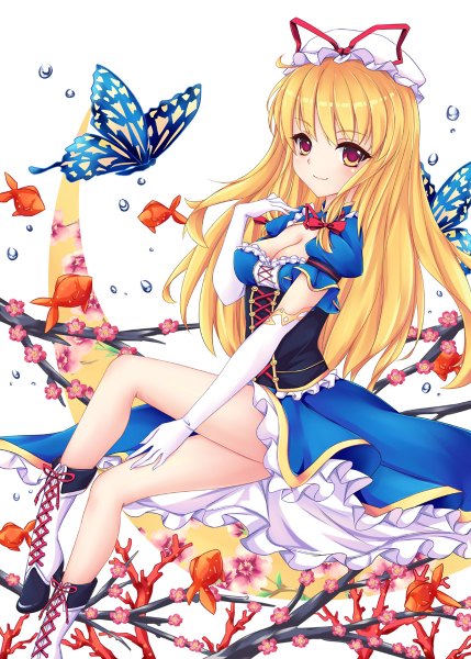 Anime picture 858x1200 with touhou yakumo yukari fred0092 single long hair tall image looking at viewer blonde hair red eyes girl dress gloves flower (flowers) bow hair bow elbow gloves boots white gloves insect butterfly