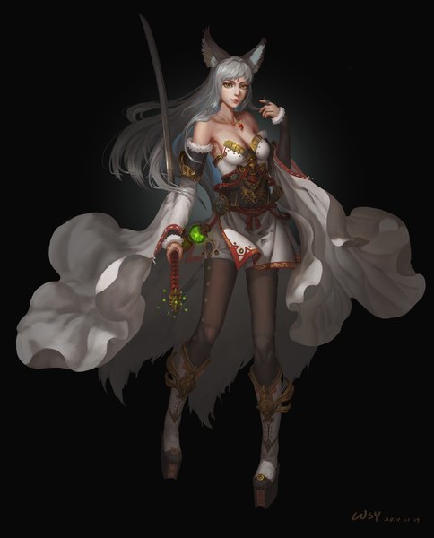 Anime picture 1400x1735 with wsy single long hair tall image looking at viewer fringe simple background standing bare shoulders signed animal ears silver hair traditional clothes japanese clothes fox ears dated black background platform heels girl weapon