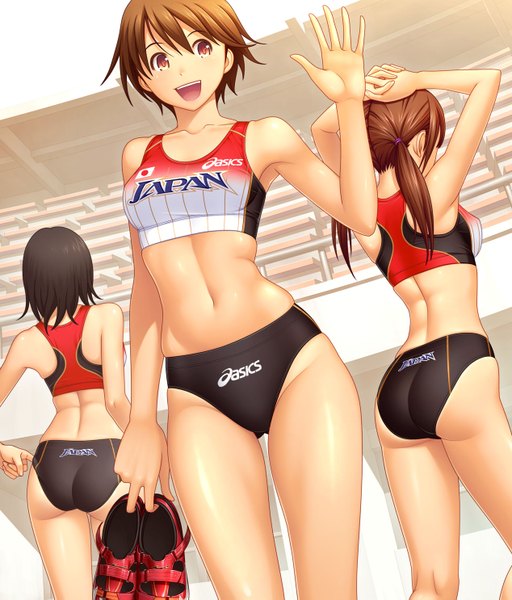 Anime picture 1268x1485 with original kuri (kurigohan) long hair tall image short hair open mouth light erotic black hair red eyes brown hair multiple girls from behind midriff back girl navel uniform 3 girls gym uniform