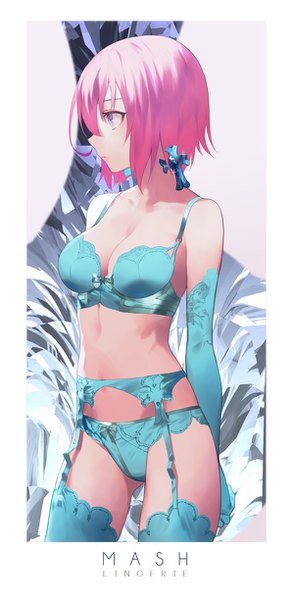 Anime picture 598x1223 with fate (series) fate/grand order mash kyrielight salmon88 single tall image fringe short hair breasts light erotic simple background hair between eyes standing purple eyes looking away pink hair cleavage parted lips profile character names