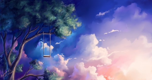 Anime picture 1500x788 with original akubaka wide image sky cloud (clouds) no people landscape scenic plant (plants) tree (trees) swing