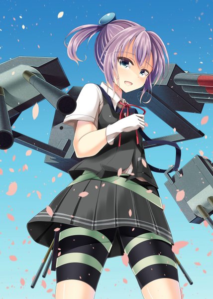 Anime picture 1000x1403 with kantai collection shiranui destroyer komikku single tall image looking at viewer blush short hair open mouth blue eyes smile pink hair girl skirt gloves uniform hair ornament ribbon (ribbons) weapon school uniform