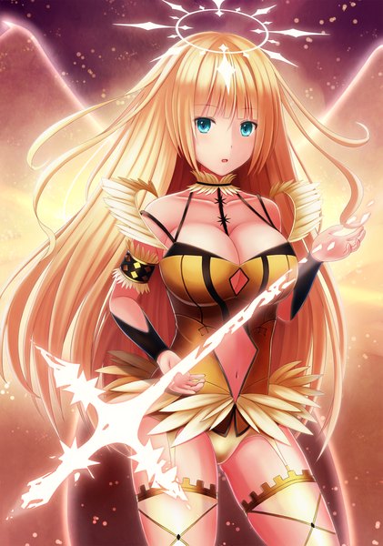 Anime picture 1567x2233 with beatmania beatmania iidx elpis (beatmania iidx) megimegyo single long hair tall image looking at viewer breasts blue eyes light erotic blonde hair large breasts bare shoulders girl thighhighs dress weapon