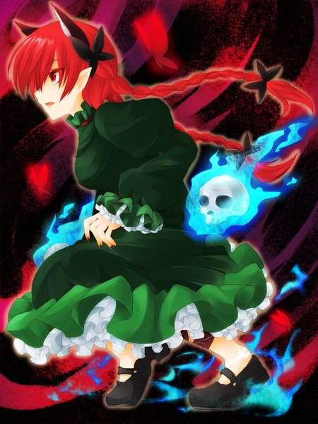 Anime picture 3000x4000 with touhou kaenbyou rin suna kiririto (artist) single long hair tall image highres red eyes animal ears red hair braid (braids) cat ears squat extra ears girl dress bow hair bow shoes skull