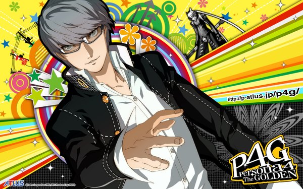 Anime picture 1500x938 with persona 4 persona narukami yuu seta souji single looking at viewer fringe short hair wide image absurdres light smile grey hair inscription open clothes open jacket grey eyes open collar serious smirk logo