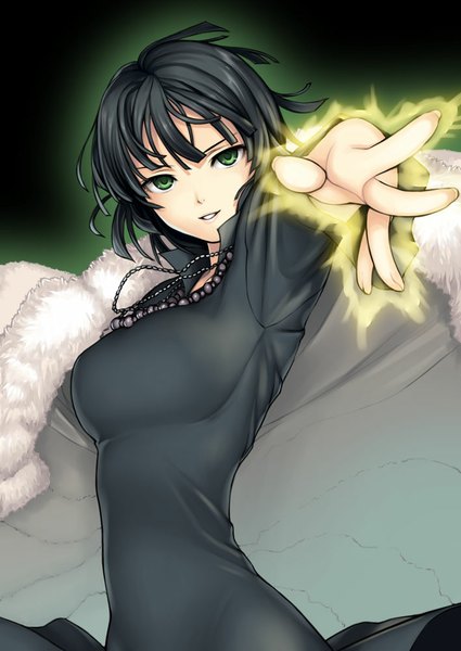 Anime picture 708x1000 with one-punch man madhouse fubuki (one-punch man) tanaka shoutarou single tall image looking at viewer short hair breasts black hair smile green eyes head tilt lips glowing girl dress black dress jewelry necklace