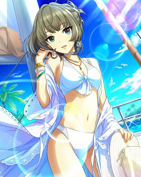 Anime picture 1280x1600 with idolmaster idolmaster cinderella girls takagaki kaede single tall image looking at viewer fringe short hair open mouth brown hair sky cloud (clouds) sunlight mole official art mole under eye heterochromia adjusting hair alternate hairstyle sunbeam