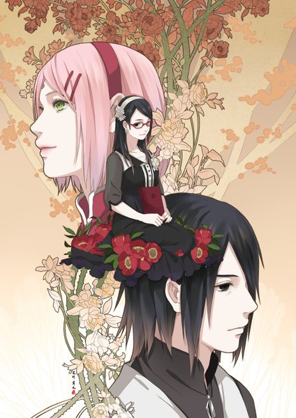 Anime picture 2480x3507 with naruto studio pierrot naruto (series) uchiha sasuke haruno sakura uchiha sarada juni gen long hair tall image fringe highres short hair black hair simple background red eyes sitting multiple girls holding green eyes pink hair