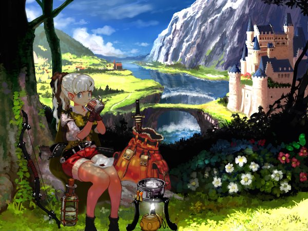 Anime picture 1280x960 with original kesomaru (pivix) long hair sky cloud (clouds) white hair ponytail aqua eyes pointy ears mountain landscape river waterfall girl flower (flowers) ribbon (ribbons) plant (plants) hair ribbon sword tree (trees)