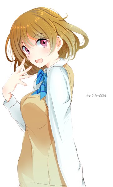 Anime picture 1580x2600 with love live! school idol project sunrise (studio) love live! koizumi hanayo tebi (tbd11) single tall image looking at viewer blush short hair open mouth simple background smile brown hair white background purple eyes :d turning head dated 2014