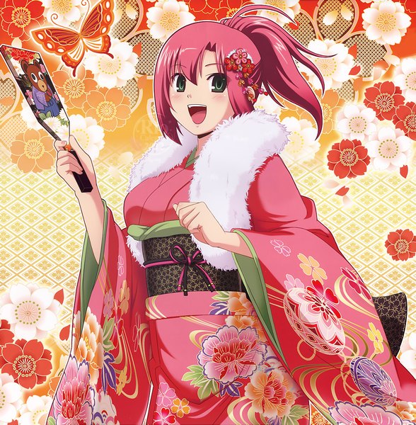 Anime picture 1219x1244 with rio rainbow gate! rio rollins single tall image blush short hair open mouth green eyes pink hair traditional clothes japanese clothes girl hair ornament flower (flowers) belt kimono fur fur-trimmed kimono