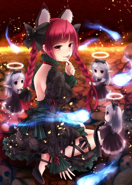 Anime picture 712x990 with touhou kaenbyou rin zombie fairy nunucco tall image blush fringe red eyes sitting multiple girls animal ears red hair braid (braids) pointy ears grey hair cat ears cat girl twin braids finger to mouth bare back