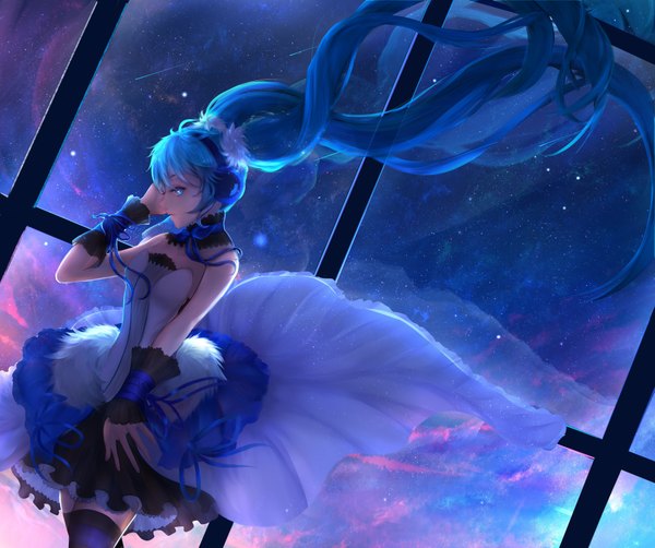 Anime picture 3622x3036 with 7th dragon 2020 vocaloid hatsune miku yuuko single highres blue eyes twintails blue hair absurdres very long hair wind night night sky sleeveless hand on head meteor rain girl thighhighs dress