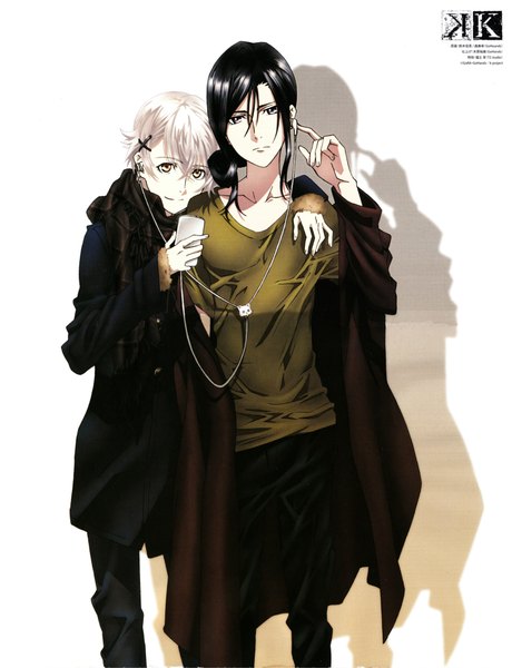 Anime picture 1600x2086 with k-project gohands (studio) yashiro isana yatogami kuroh tagme (artist) long hair tall image looking at viewer short hair black hair simple background smile standing white background brown eyes yellow eyes looking away white hair official art shadow