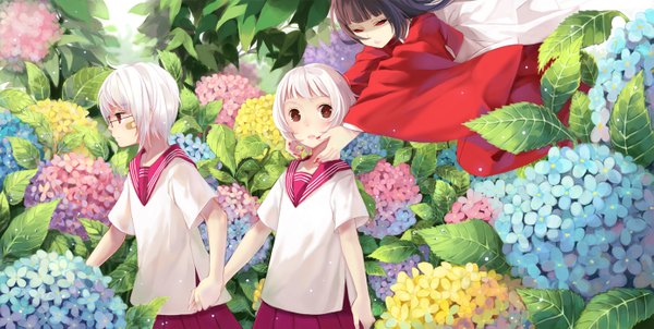 Anime picture 1387x700 with original mia0309 long hair short hair red eyes brown hair wide image multiple girls brown eyes purple hair white hair nail polish japanese clothes profile pleated skirt holding hands twins bandaid on face girl uniform