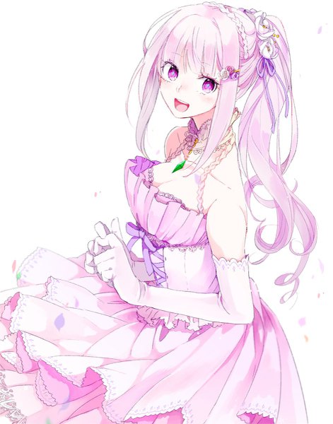 Anime picture 943x1200 with re:zero kara hajimeru isekai seikatsu white fox emilia (re:zero) yamato enoki single long hair tall image looking at viewer blush fringe breasts open mouth simple background smile white background purple eyes bare shoulders payot pink hair cleavage