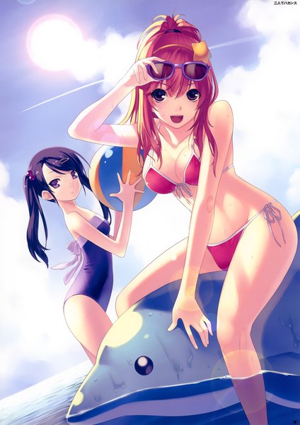 Anime picture 2153x3044 with hirano katsuyuki long hair tall image highres open mouth light erotic red eyes purple eyes twintails multiple girls purple hair red hair girl hair ornament 2 girls swimsuit bikini hairclip sunglasses hair tie