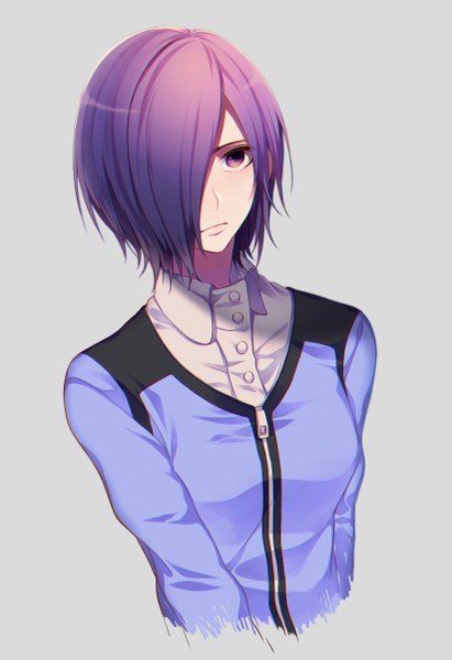 Anime picture 823x1200 with tokyo ghoul studio pierrot kirishima touka xxxxxymdy single tall image fringe short hair simple background purple eyes looking away purple hair hair over one eye grey background girl