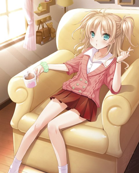 Anime picture 800x1000 with original alto seneka single long hair tall image looking at viewer blush blue eyes blonde hair girl skirt window sweater cup armchair