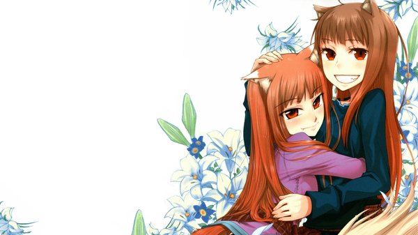 Anime picture 1920x1080 with spice and wolf horo koume keito ayakura juu long hair blush highres smile red eyes brown hair wide image white background animal ears wolf ears dual persona wolf girl girl flower (flowers)