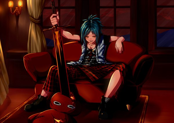 Anime picture 1332x949 with original ant of spirit single smile sitting blue hair sleeveless girl weapon pendant curtains toy stuffed animal cross couch teddy bear lamp armchair huge weapon huge sword