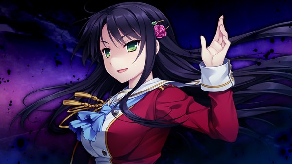 Anime picture 1920x1080 with hello lady akatsuki-works otonashi saku single long hair highres breasts open mouth black hair smile wide image large breasts green eyes looking away game cg upper body long sleeves arm up hair flower floating hair