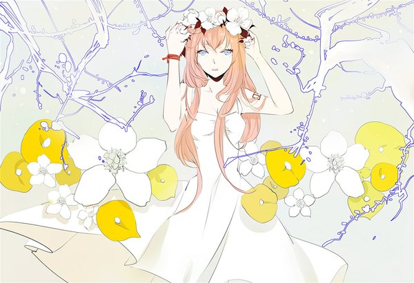 Anime picture 1000x686 with vocaloid megurine luka nanobe long hair looking at viewer fringe breasts open mouth pink hair aqua eyes alternate costume pale skin dress hair ornament flower (flowers) sundress wreath