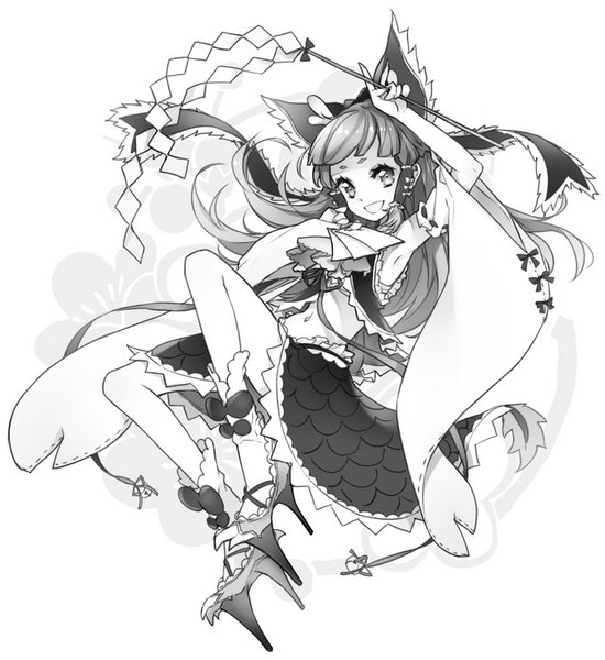 Anime picture 800x873 with touhou hakurei reimu siting zeng single long hair tall image looking at viewer fringe bare belly armpit (armpits) midriff high heels monochrome victory girl navel bow hair bow detached sleeves socks