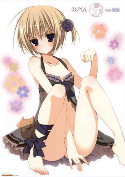 Anime picture 4294x6060 with inugami kira single tall image looking at viewer blush highres short hair blue eyes light erotic blonde hair sitting bare shoulders absurdres cleavage barefoot hair flower girl navel hair ornament ribbon (ribbons)