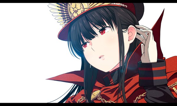 Anime picture 1200x721 with fate (series) koha-ace oda nobunaga (fate) (all) oda nobunaga (fate) tsukumo single long hair fringe black hair simple background hair between eyes red eyes wide image white background looking away parted lips adjusting hair letterboxed military girl