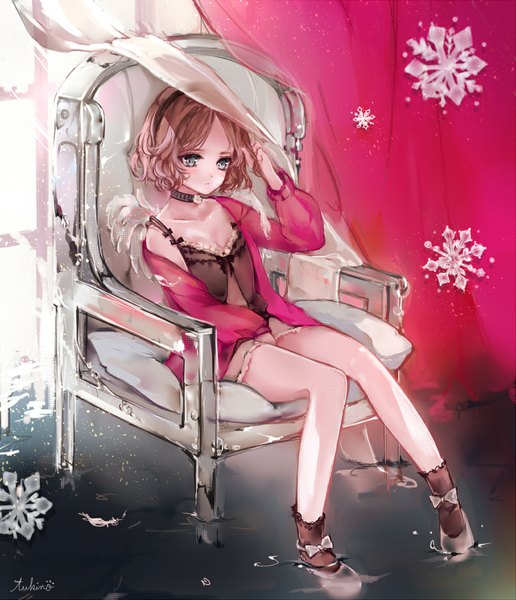 Anime picture 1000x1163 with original 041 single tall image short hair brown hair sitting signed off shoulder angel wings girl wings choker water shoes window hairband pillow curtains snowflake (snowflakes)
