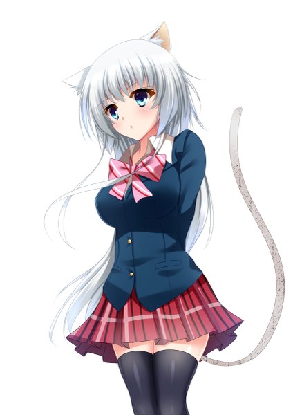 Anime picture 849x1200 with original yappen single long hair tall image blue eyes simple background white background animal ears white hair tail animal tail cat ears cat girl cat tail girl thighhighs skirt black thighhighs bowtie