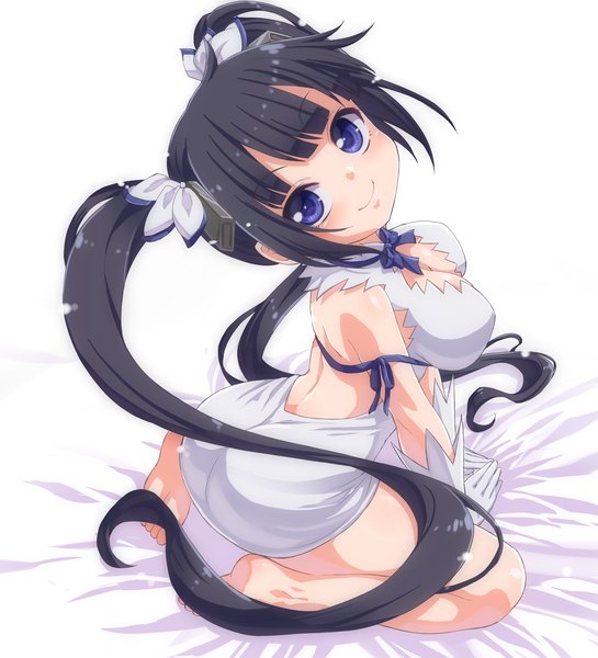 Anime picture 2000x2200 with dungeon ni deai wo motomeru no wa machigatteiru darou ka j.c. staff hestia (danmachi) hikataso single long hair tall image looking at viewer blush fringe highres breasts blue eyes light erotic black hair smile large breasts twintails cleavage from above