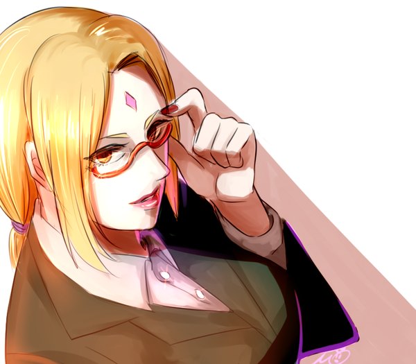 Anime picture 800x700 with naruto studio pierrot naruto (series) tsunade may c (lovemeiko) single long hair looking at viewer breasts simple background blonde hair red eyes large breasts white background nail polish from above lipstick facial mark pink lipstick adjusting glasses
