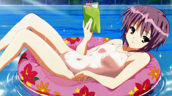Anime picture 2560x1440 with suzumiya haruhi no yuutsu kyoto animation nagato yuki highres light erotic wide image girl swimsuit
