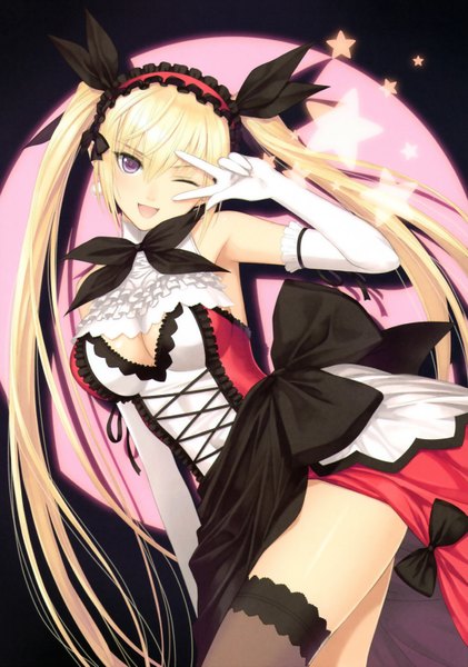 Anime picture 4375x6230 with shining (series) shining hearts mistral nereis tony taka single long hair tall image highres open mouth blonde hair purple eyes twintails absurdres one eye closed wink scan girl thighhighs dress gloves