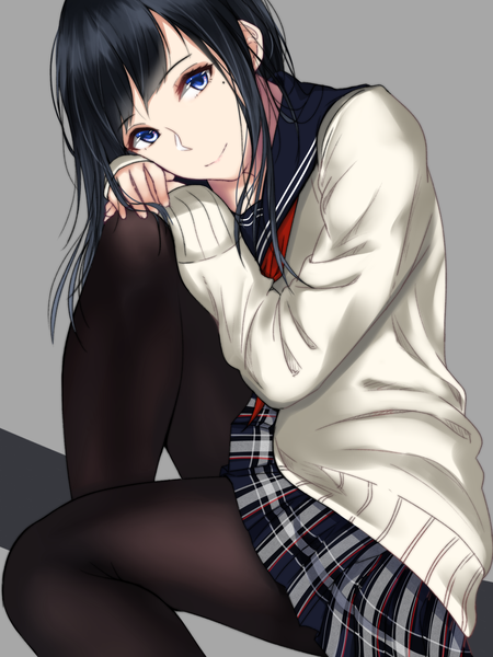 Anime picture 1427x1903 with original saitou (lynx-shrike) single long hair tall image looking at viewer blue eyes black hair simple background smile grey background plaid skirt girl skirt uniform miniskirt pantyhose serafuku black pantyhose sweater