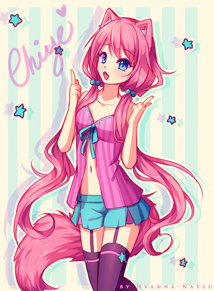 Anime picture 705x956 with original hyanna-natsu single tall image looking at viewer fringe breasts open mouth blue eyes twintails animal ears pink hair tail animal tail low twintails girl navel ribbon (ribbons) shorts heart