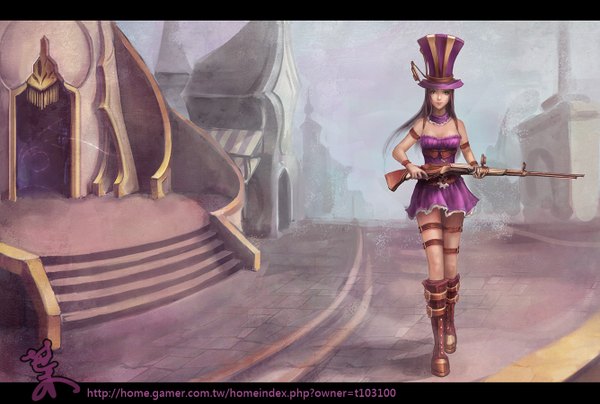 Anime picture 1336x900 with league of legends caitlyn (league of legends) foliage (artist) single long hair looking at viewer black hair bare shoulders green eyes lips girl dress weapon boots gun top hat sniper rifle