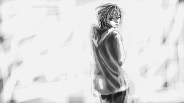 Anime picture 2000x1125 with vocaloid kagamine len ura hanabi single highres short hair wide image looking back from behind monochrome boy hoodie